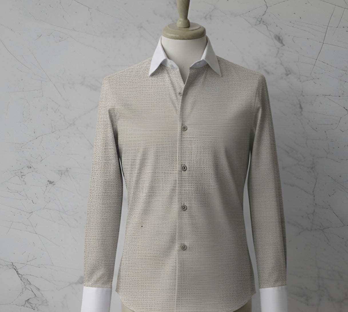 Beige textured shirt on a mannequin against a textured grey background