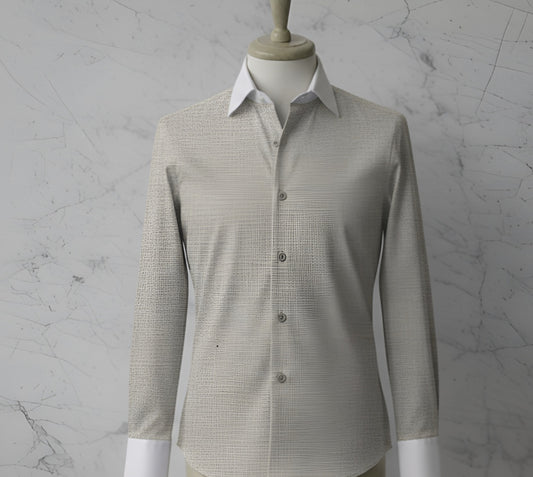 Beige textured shirt on a mannequin against a textured grey background