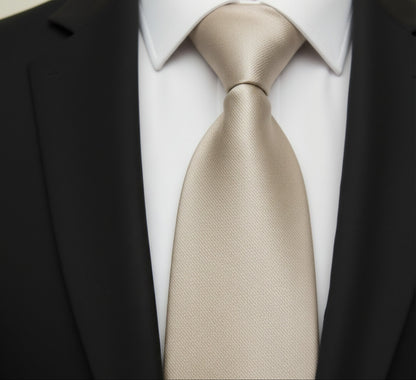 Beige tie worn with a white shirt and black suit jacket.