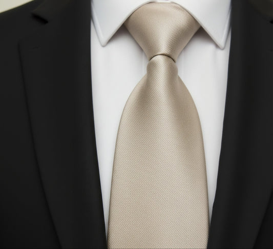 Beige tie worn with a white shirt and black suit jacket.