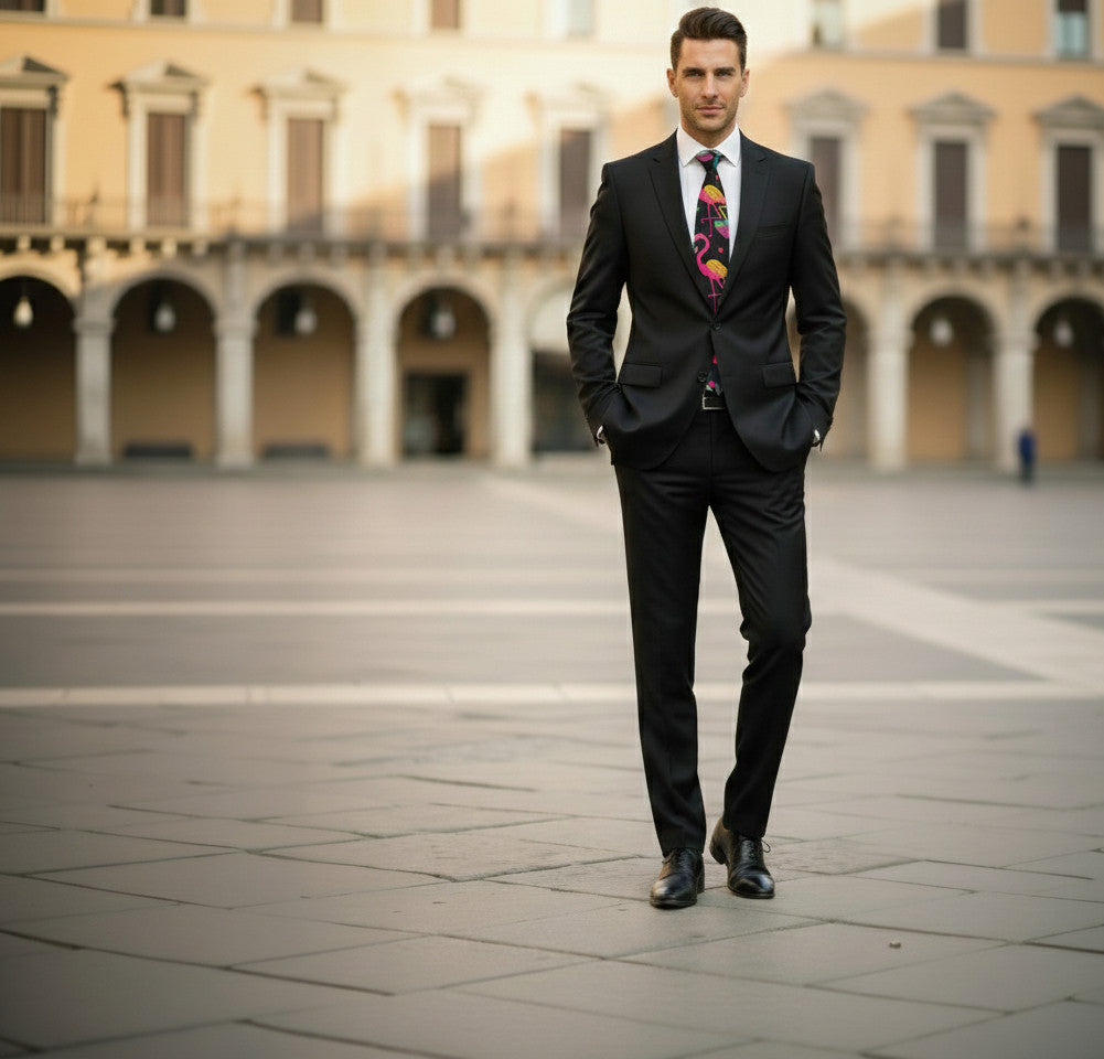 Man in a black suit with a colorful tie standing in an open square with arches.