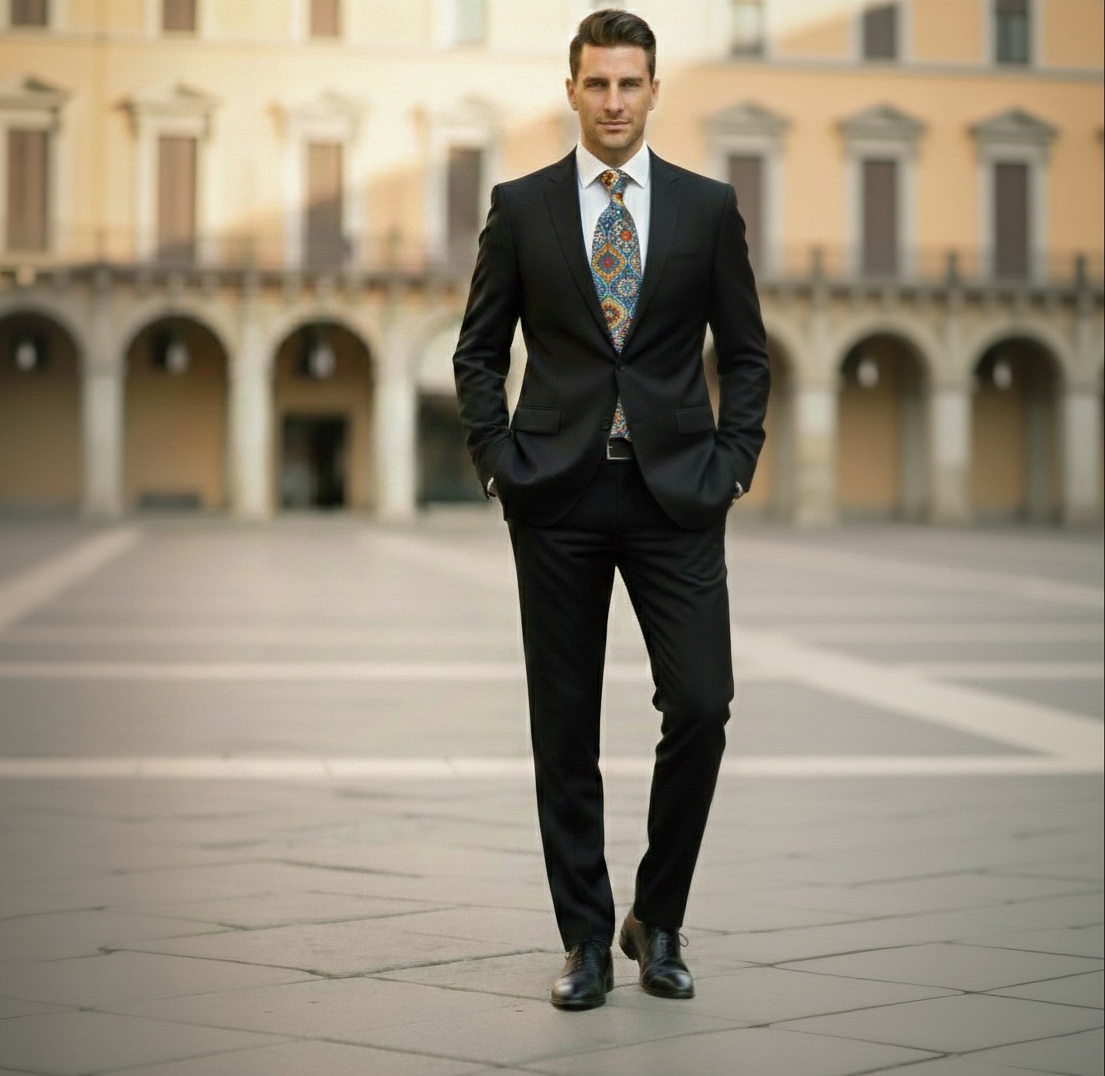 Man in a black suit standing in an open square with classical architecture.