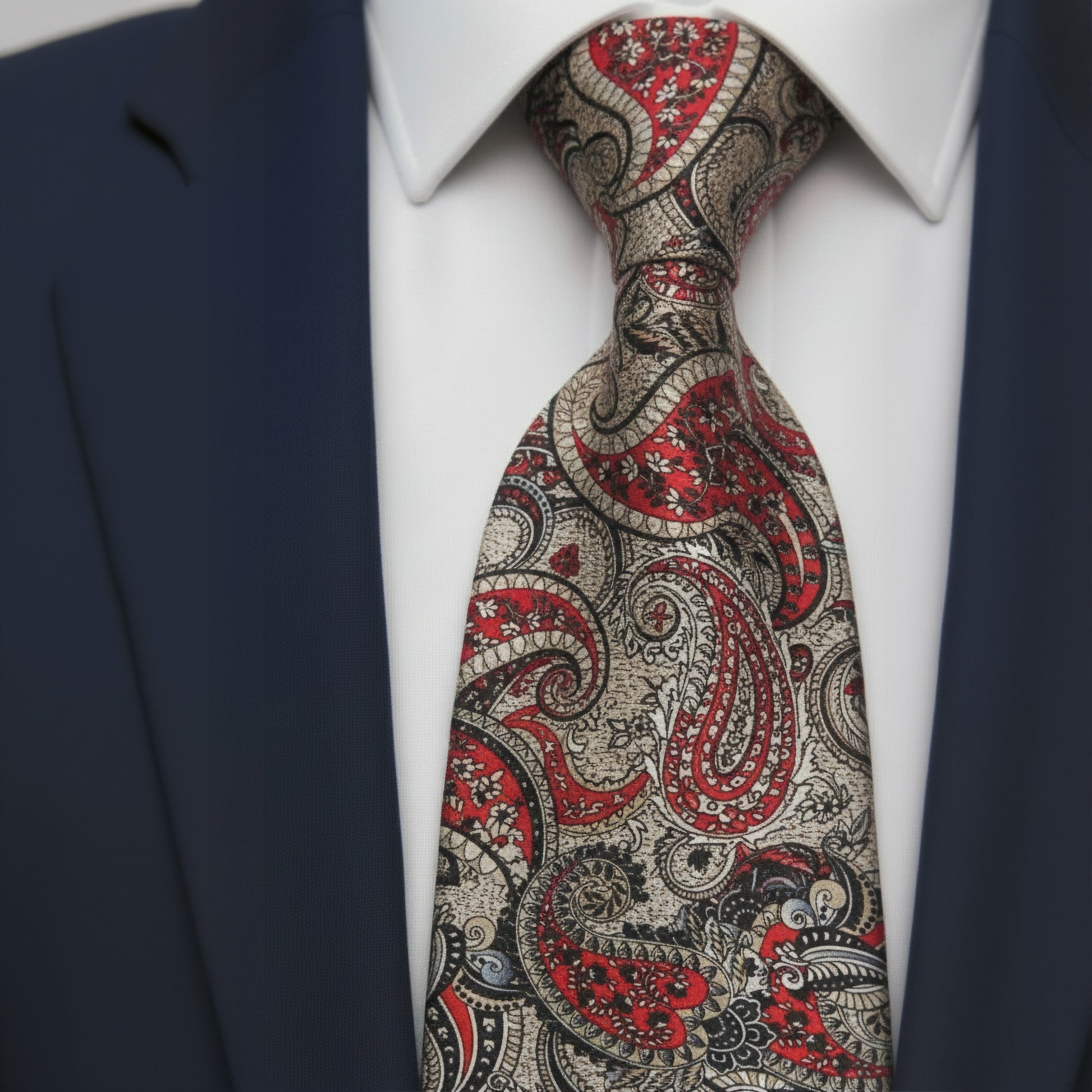 Mens Bespoke Necktie FL-24 White/Navy/Red Paisley