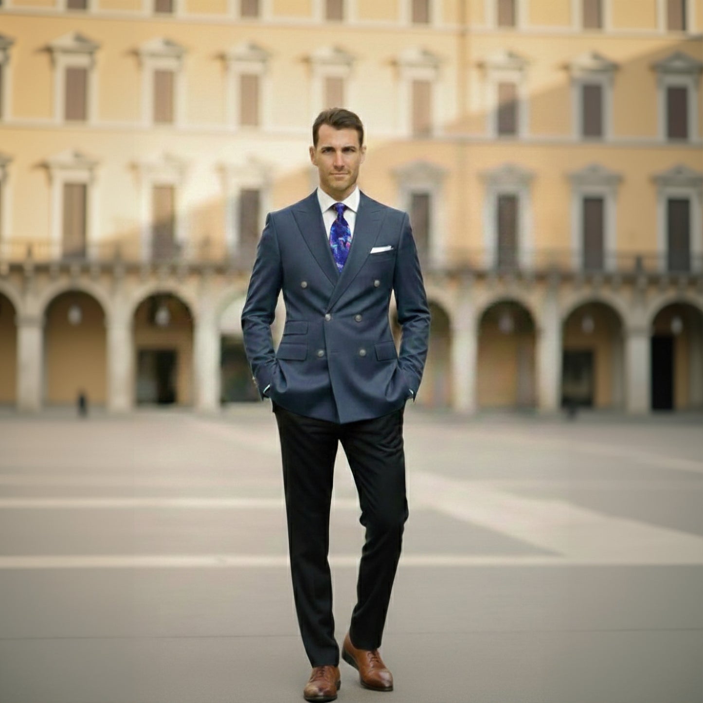 Man in a blue suit standing in front of a large building with arches.
