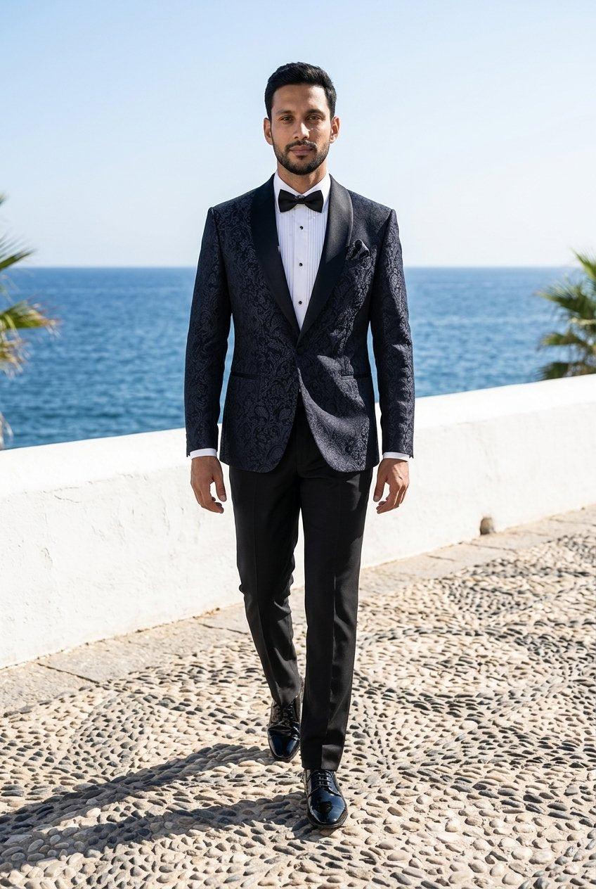 Black Brocade Single Breasted Tuxedo Jacket and Black Formal Trousers