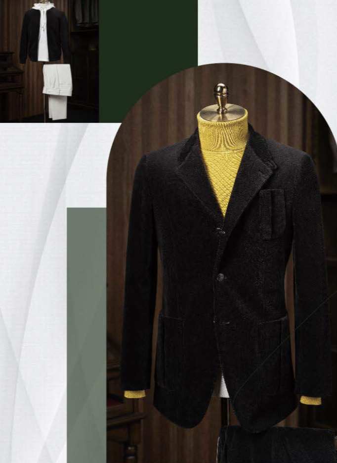 A collage of images showing a black corduroy casual jacket and trousers, with close-up views on a mannequin and a working cuff button detail. The jacket features a notched lapel, three-button fastening, and front pockets.