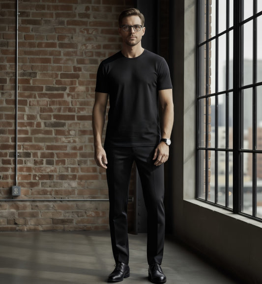 Man wearing a black t-shirt and pants standing in a room with a brick wall and large window.