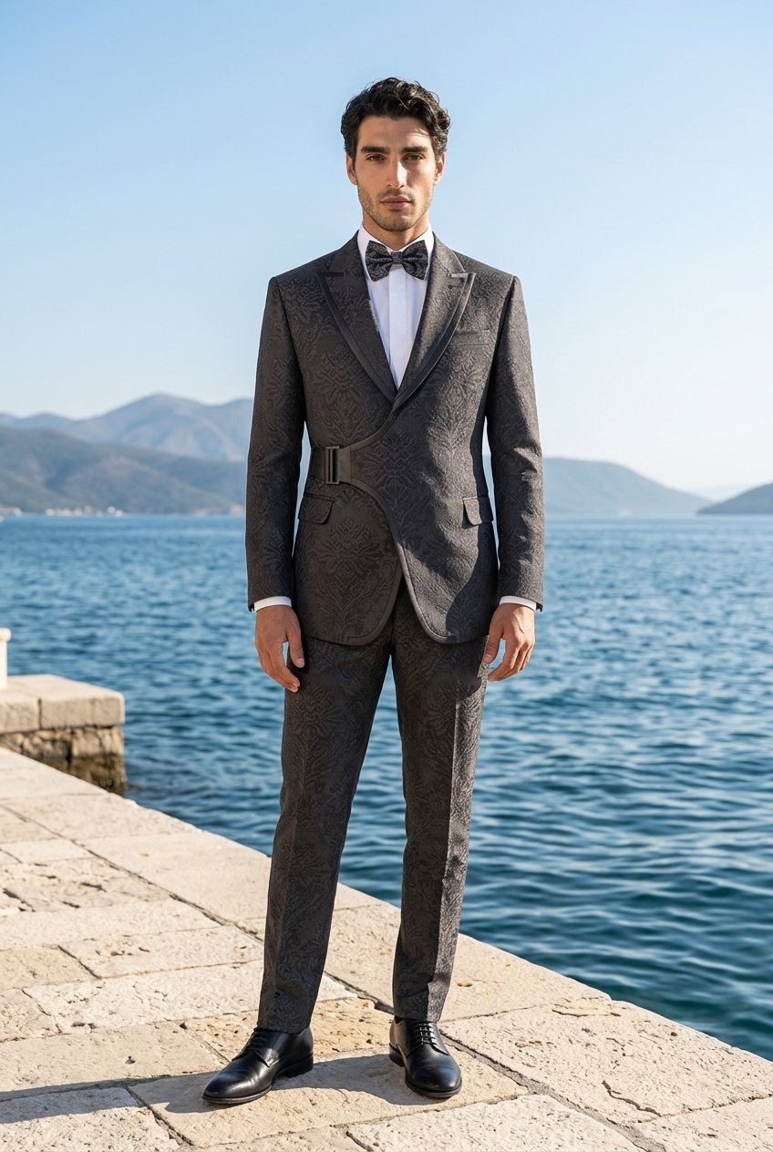 Black Jacquard Double Breasted Tuxedo Jacket and Black Formal Trousers