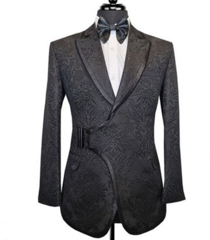 2pc Black Jacquard Double Breasted Tuxedo Jacket and Black Formal Trousers / Italian Pure Wool Super 110'S
