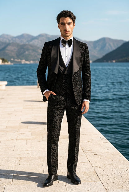 Black Jacquard Single Breasted Tuxedo Jacket + Waistcoat and Black Formal Trousers