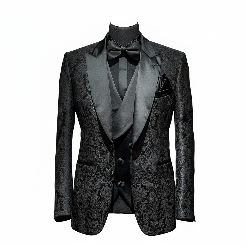 3pc Black Jacquard Single Breasted Tuxedo Jacket + Waistcoat and Black Formal Trousers / Italian Pure Wool
