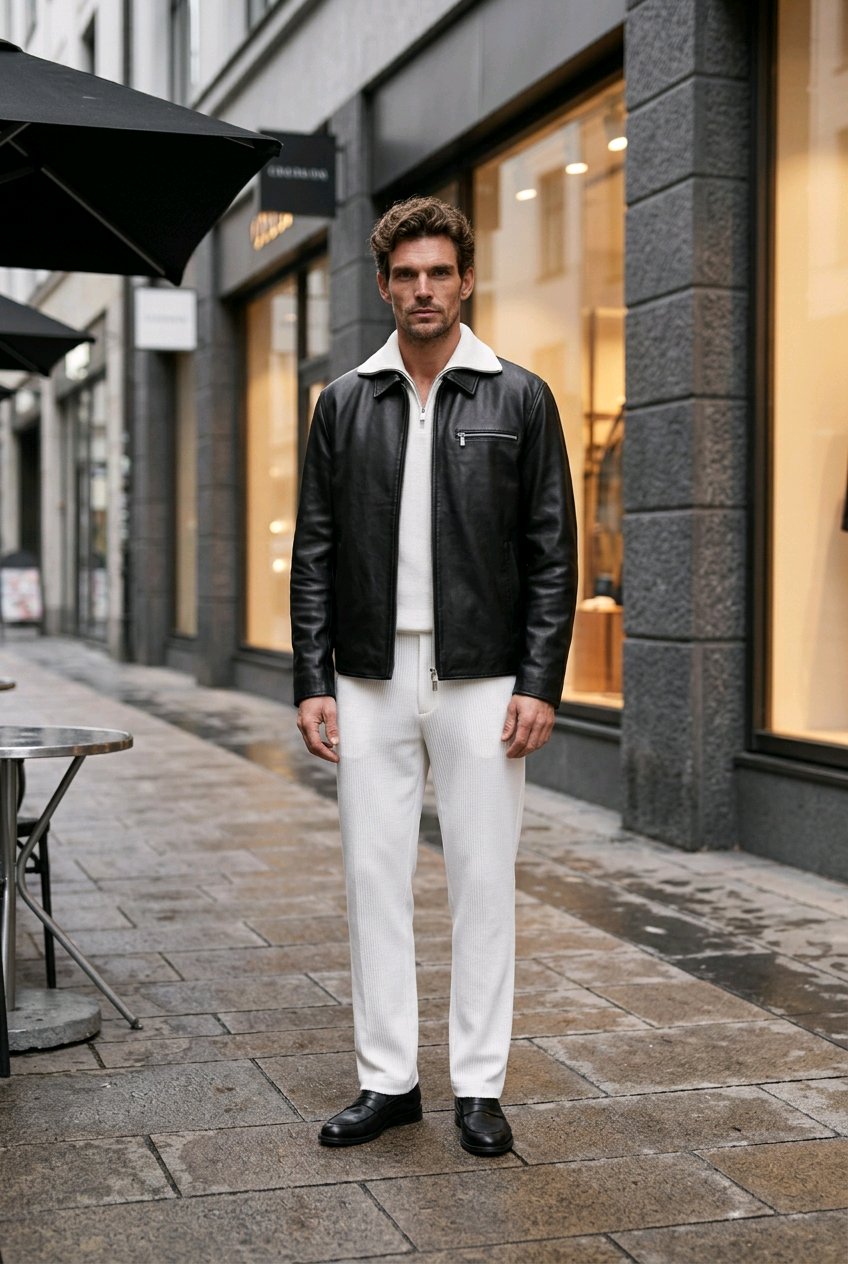 Black Leather Jacket & Ivory Trousers
