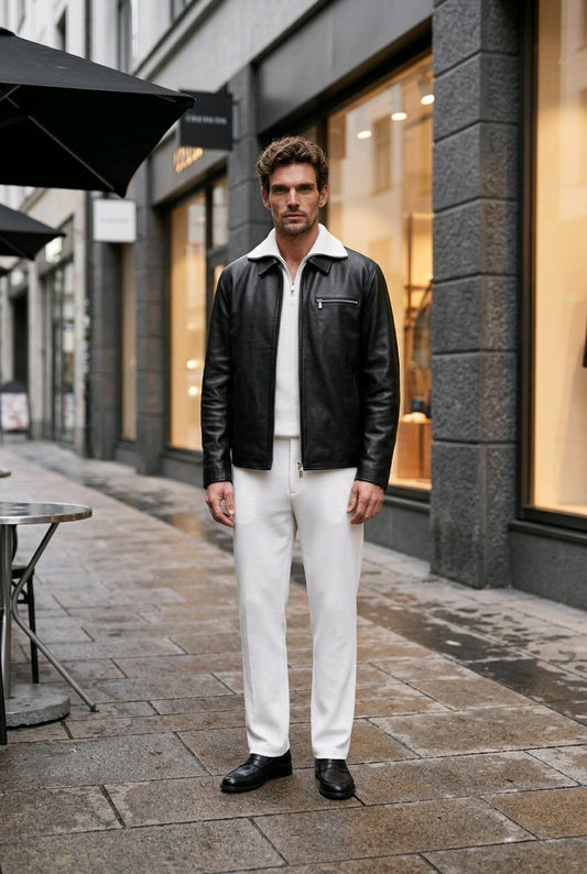 Black Leather Jacket & Ivory Trousers