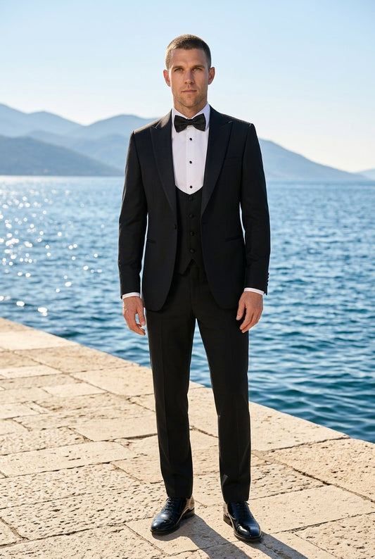 Black Mohair Single Breasted Tuxedo Jacket + Waistcoat and Black Formal Trouser