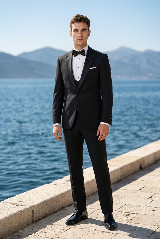 Black Mohair Single Breasted Tuxedo Jacket + Waistcoat and Black Formal Trousers