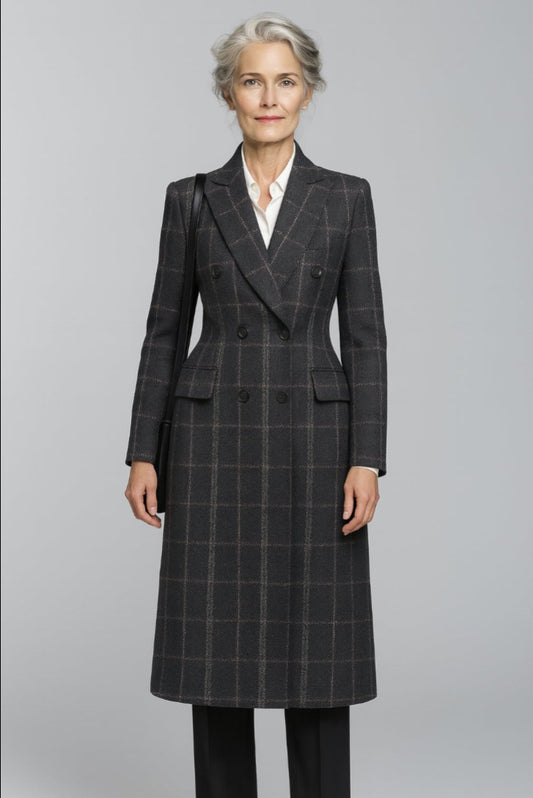 Black/Purple Check Wool / Blend Ladies Evening Coat 