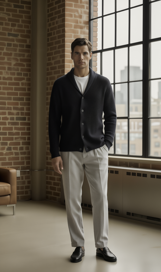 Man wearing a dark cardigan over a white shirt and light pants in a room with a brick wall and large window