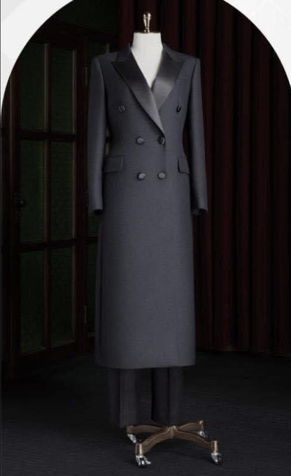 Black Twill Wool / Blend Ladies Evening Coat displayed on a mannequin, featuring a double-breasted design, peaked lapel, and satin contrast details.