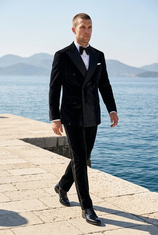Black Velvet Double Breasted Tuxedo Jacket and Black Formal Trousers