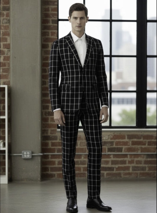 Black/ White Check Single Breasted / Two Piece Suit Italian Pure Wool Super 110'S