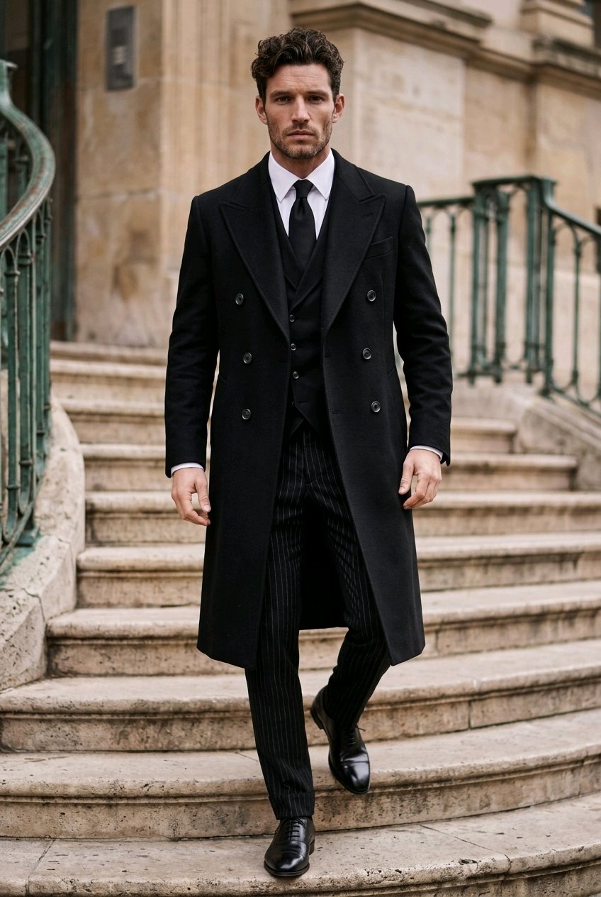 Black Wool Double Breasted Overcoat Style (DB3+2) TCOVC14
