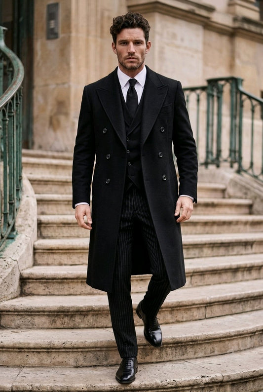 Black Wool Double Breasted Overcoat Style (DB3+2) TCOVC14