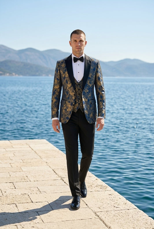 Black and Gold Single Breasted Jacquard Tuxedo Jacket + Waistcoat and Black Formal Trousers