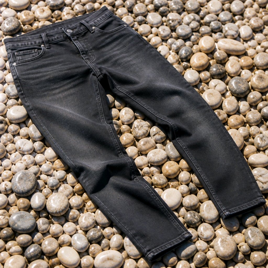 Black denim jeans laid flat on a bed of smooth river stones.