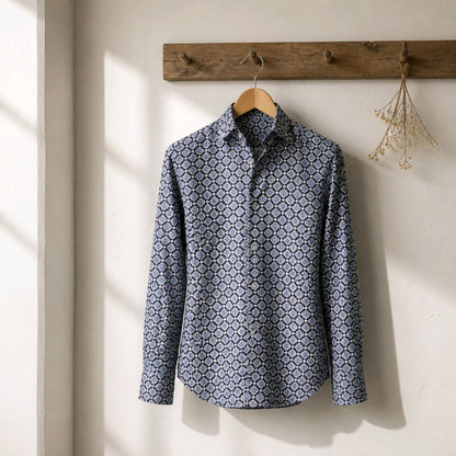 Blue and Grey Patterned Cotton/Stretch Shirt Style No 1096-2