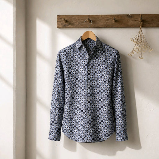 Blue and Grey Patterned Cotton/Stretch Shirt Style No 1096-2