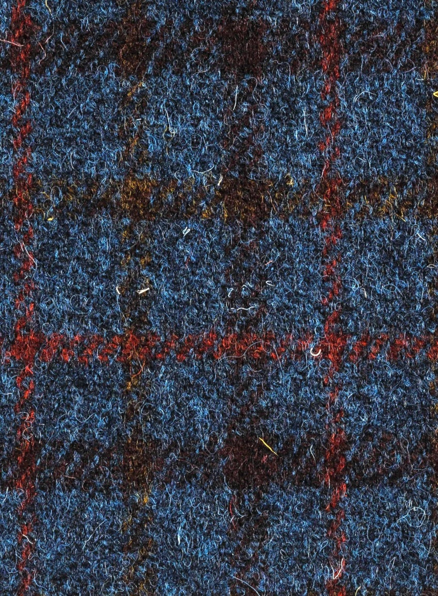 Blue and Red and brown plaid vest over a light blue shirt on a white background