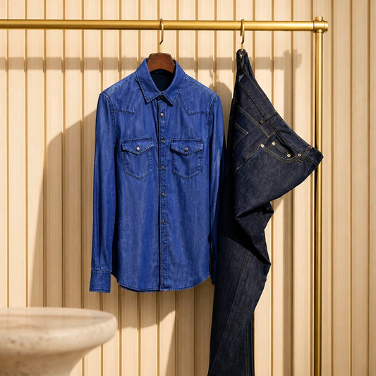 A blue denim long-sleeve button-up shirt with two chest pockets hangs on a wooden hanger next to a pair of dark blue denim jeans on a gold clothing rack, set against a beige slatted wall.