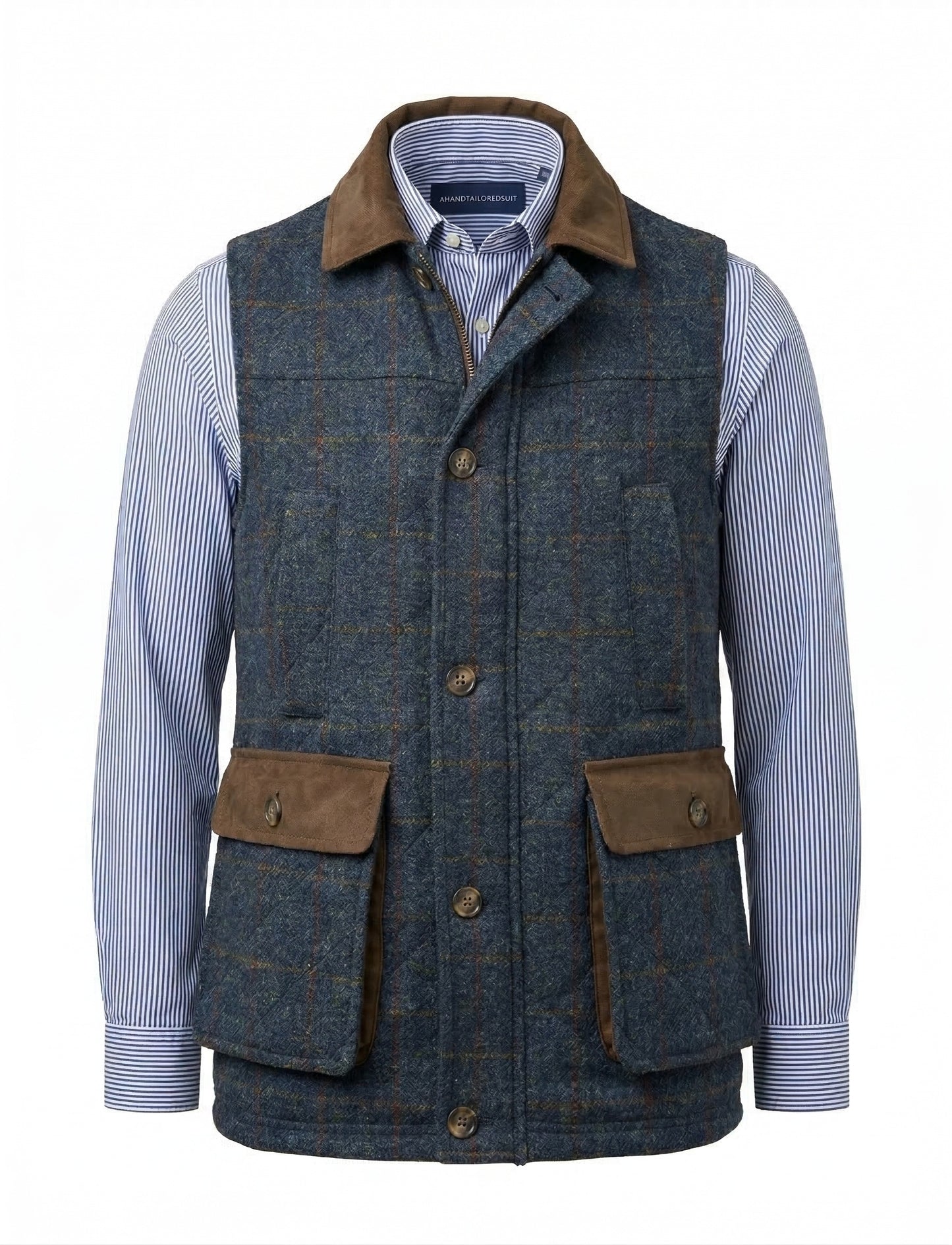Blue tweed vest with brown accents over a striped shirt on a white background