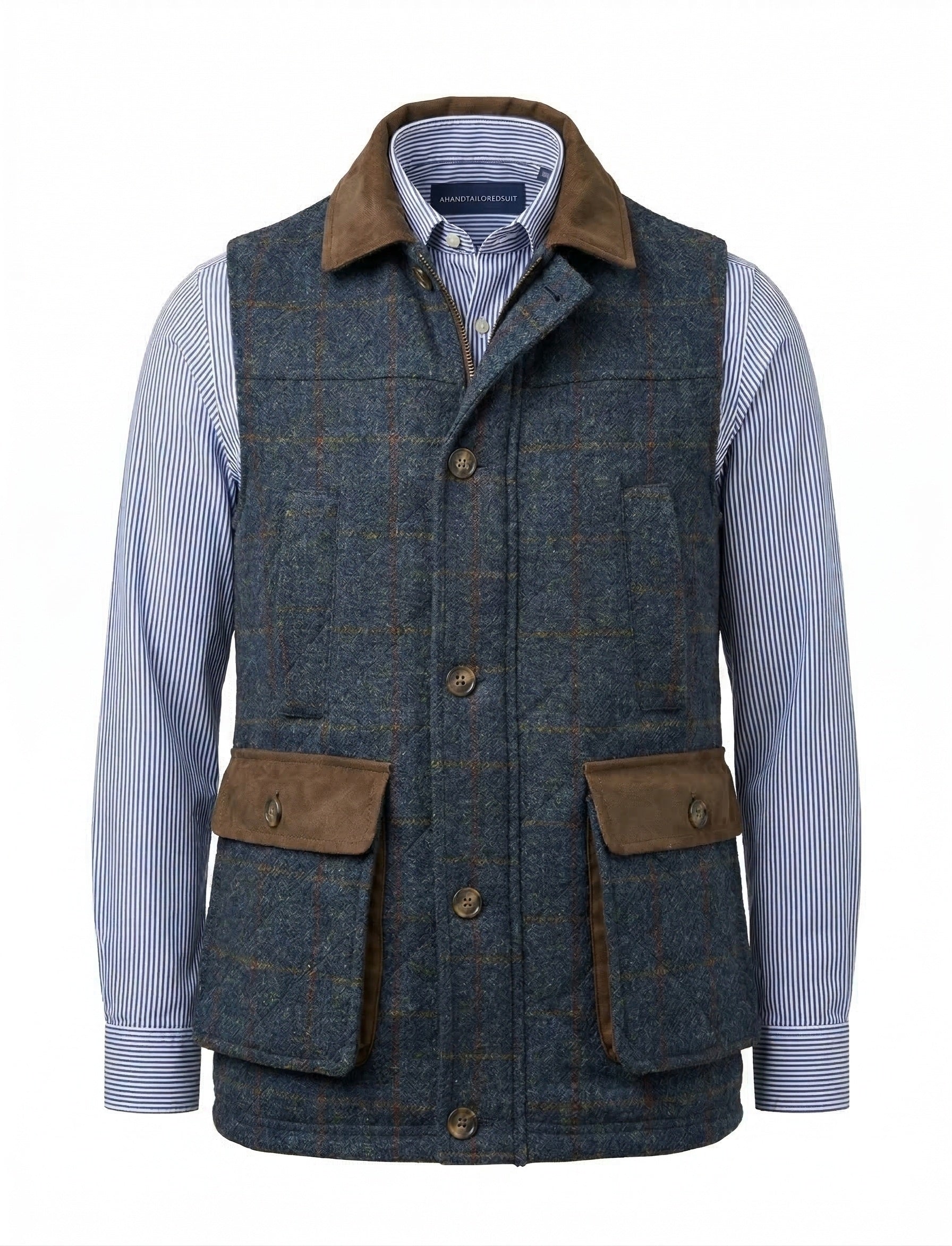 Blue tweed vest with brown accents over a striped shirt on a white background