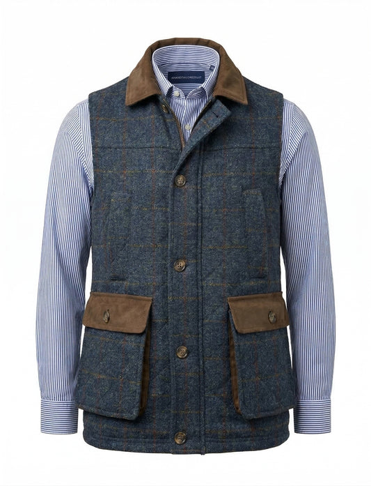 Blue tweed vest with brown accents over a striped shirt on a white background