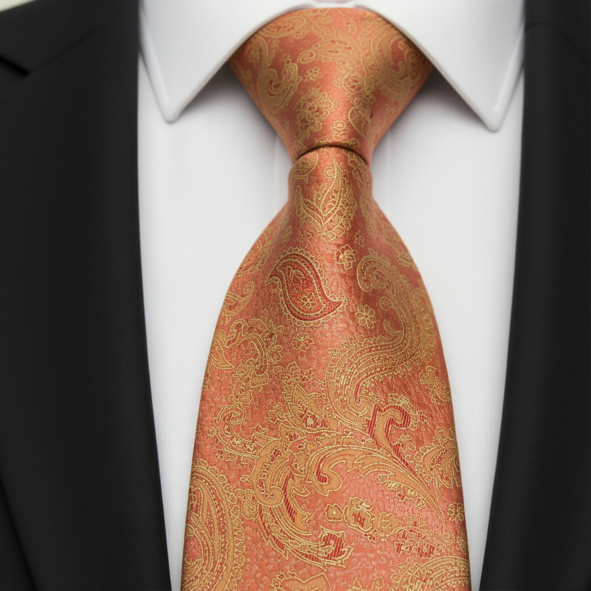 Bright Orange  paisley tie with gold patterns on a white shirt and black suit jacket.