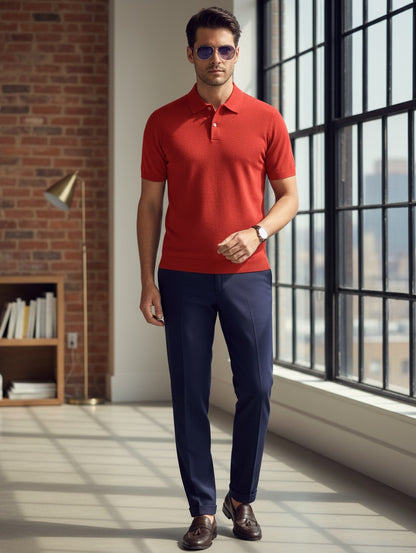 Man wearing a red polo shirt and navy pants standing in a modern room with large windows.