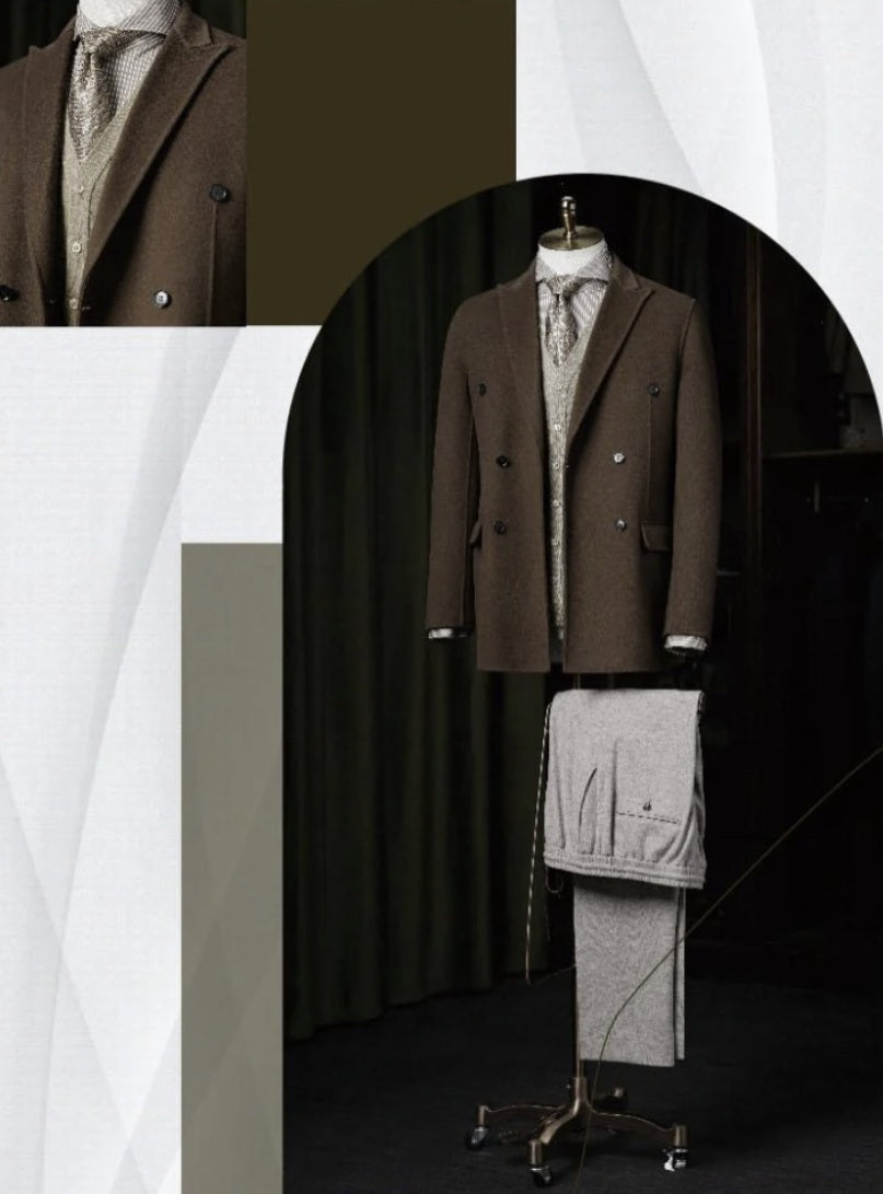 Brown Jacket  and grey trousers displayed on a mannequin against a black background.