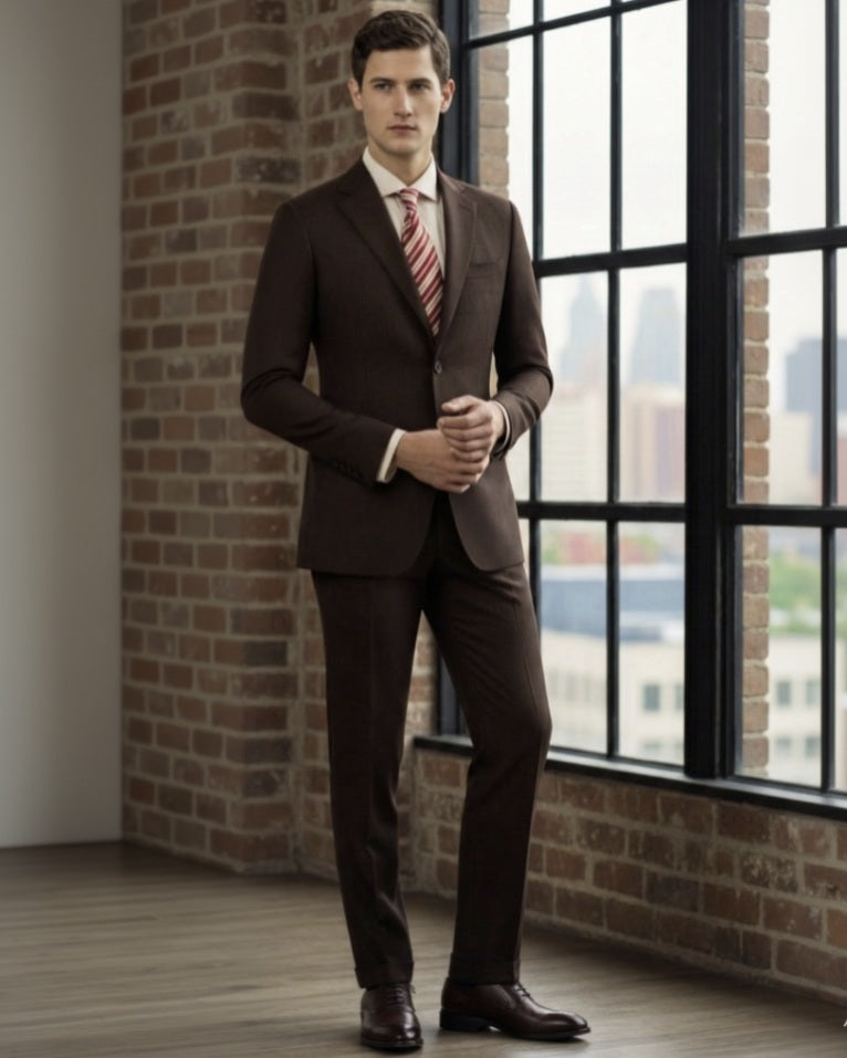 Brown Puppytooth Single Breasted / Two Piece Suit Italian Pure Wool Super 110'S