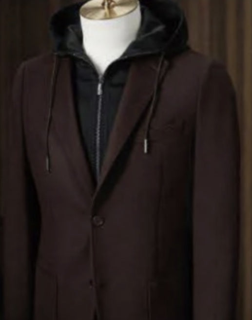 Brown coat with a hood on a mannequin against a brown background