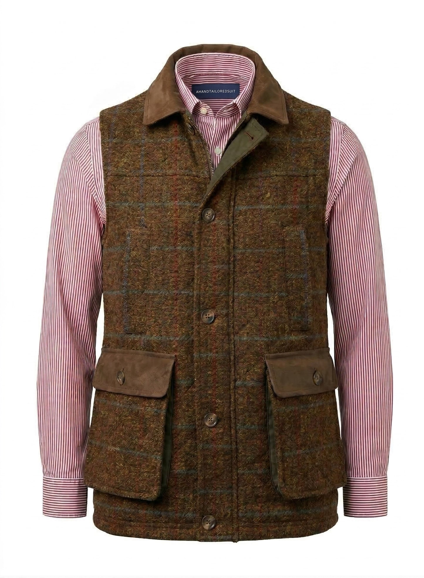 Brown tweed vest over a pink striped shirt on a white background