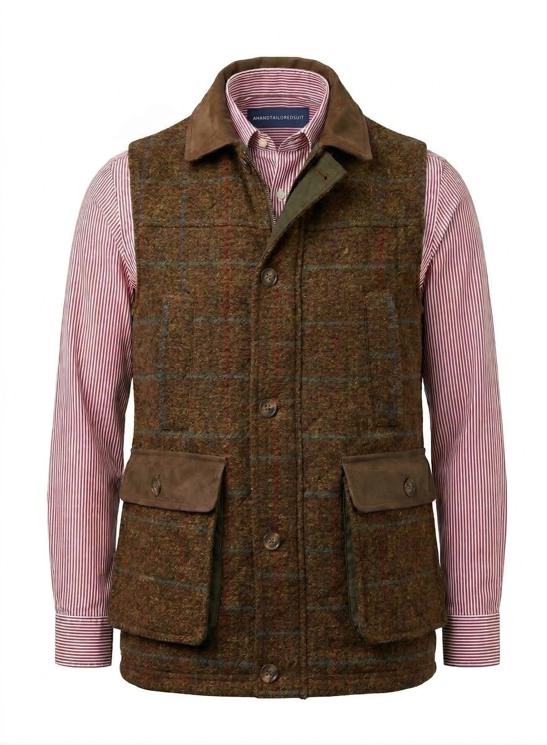 Brown tweed vest over a pink striped shirt on a white background