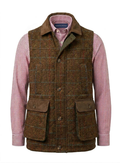 Brown tweed vest over a pink striped shirt on a white background