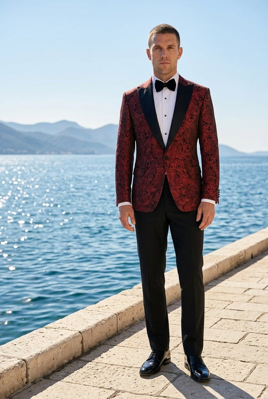 Burgundy Brocade Single Breasted Tuxedo Jacket and Black Formal Trousers / Italian Pure Wool