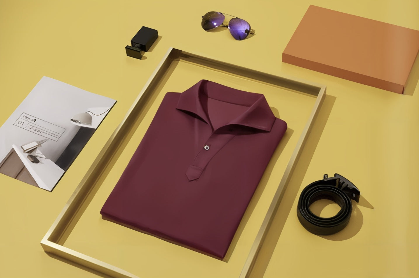 Burgundy polo shirt in a box with sunglasses, belt, and magazine on a yellow background