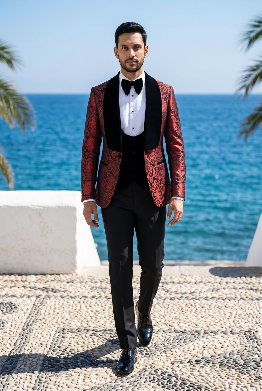 Burgundy Single Breasted Brocade Tuxedo Jacket + Waistcoat and Black Formal Trousers