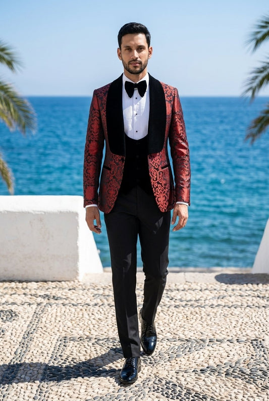 Burgundy Single Breasted Brocade Tuxedo Jacket + Waistcoat and Black Formal Trousers