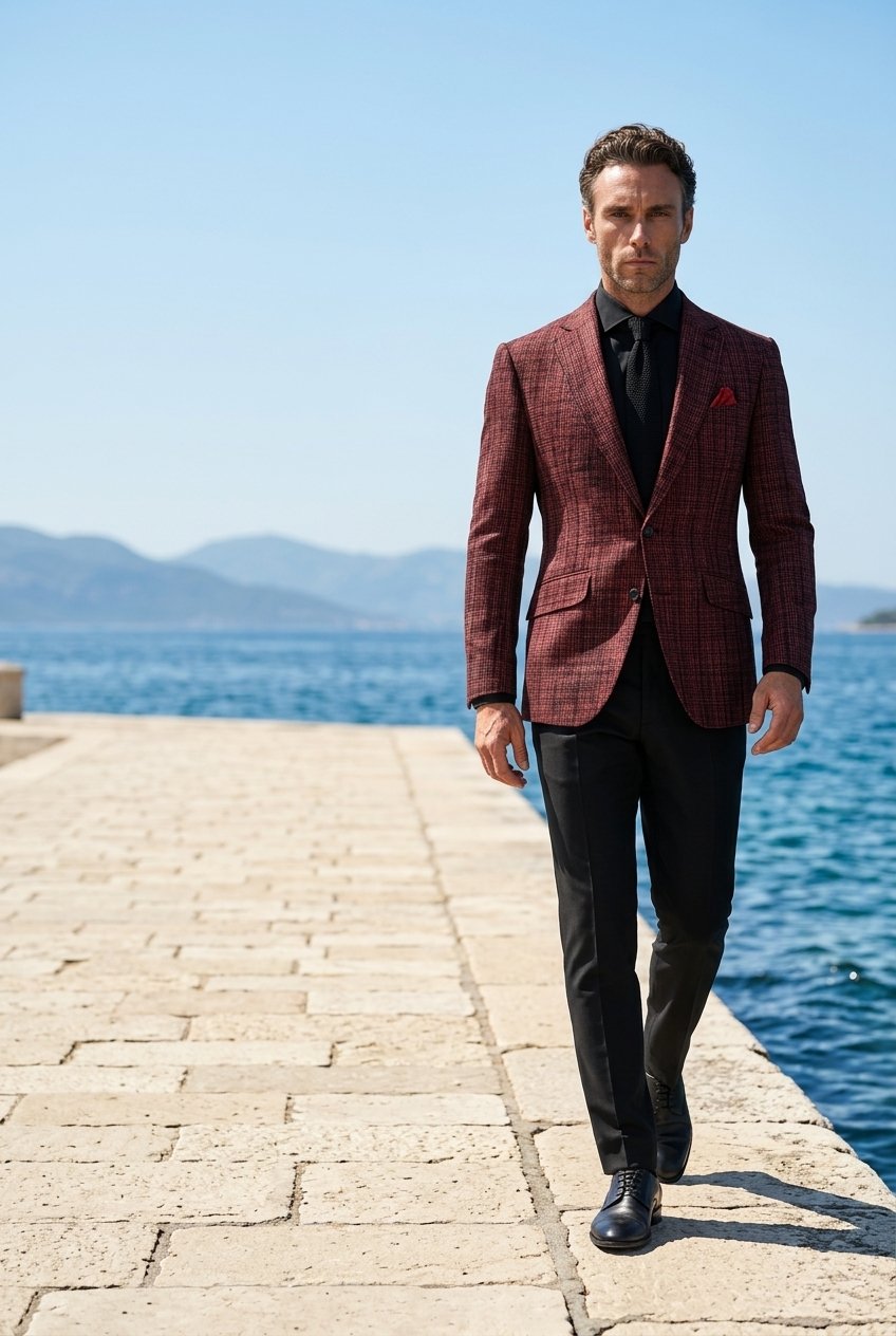 Burgundy Single Breasted Textured Tuxedo Jacket + Waistcoat and Black Formal Trousers