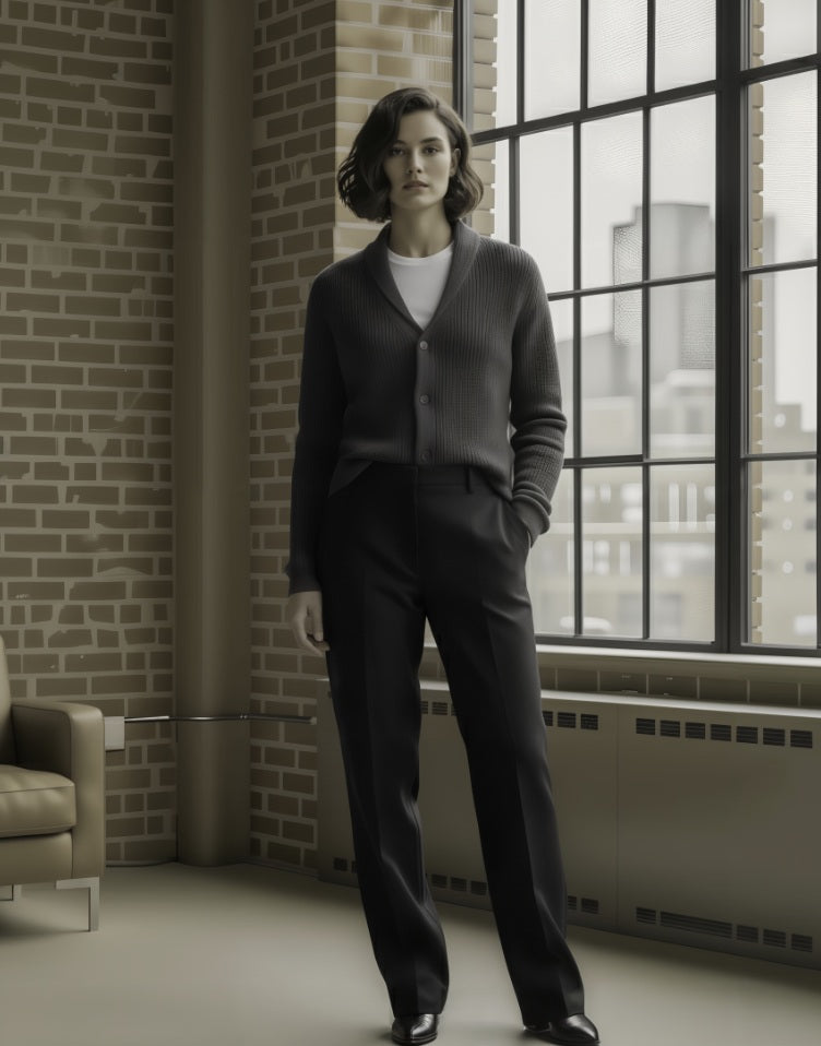 Woman in a gray cardigan and black pants standing in a room with brick walls and large windows.