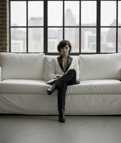 Person sitting on a white couch in a room with large windows and cityscape view.